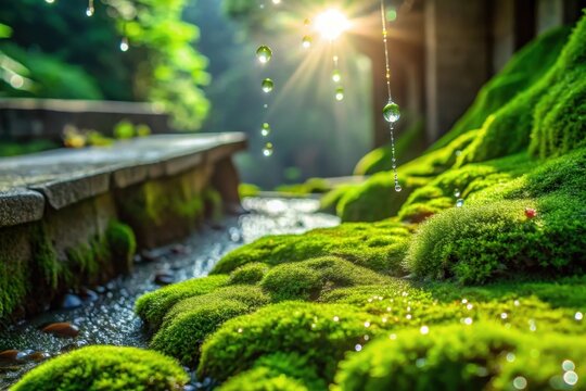 Serene Water Droplets Cascading onto Lush Green Moss Beside a Stone Pathway in a Tranquil Natural Setting