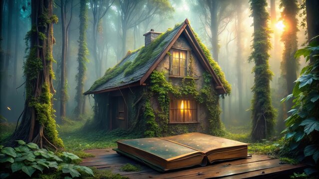 Enchanted Forest Cottage with Open Book Revealing Mystical Secrets in a Misty Woodland Setting