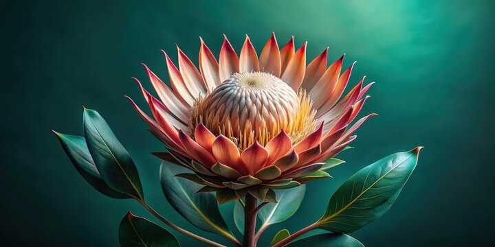 A vibrant single exotic flower with prominent petals and lush green leaves against a deep teal backdrop, a striking image of natural beauty and elegance