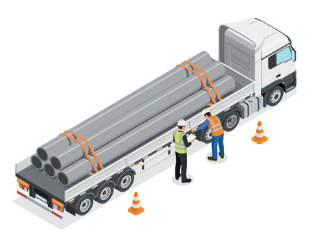 Workers loading metal pipes onto a flatbed truck isolated on transparent background, Vector