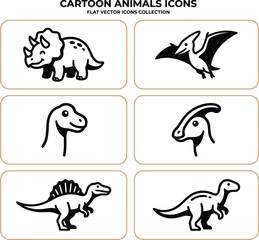 A selection of cute dinosaur cartoon icons featuring six different prehistoric reptile species in flat vector approach. © Vector Design