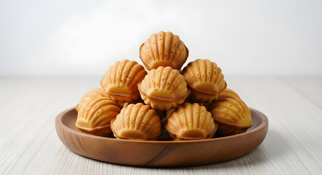 Stacks of bahulu, Malaysian madeleine like baked egg sponge cakes on a wooden platter above a wooden table against white background. Perfect for dessert or traditional Asian food ideas