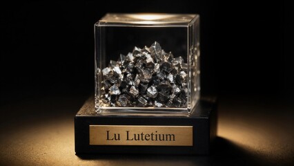Fototapeta premium Lutetium is placed in a display case with a label indicating its name and characteristics in a dark setting