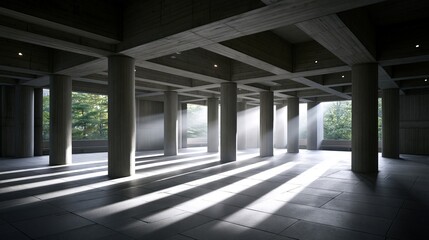 Obraz premium Modern Brutalist Architecture Interior with Dramatic Sunlight Beams and Shadow Patterns