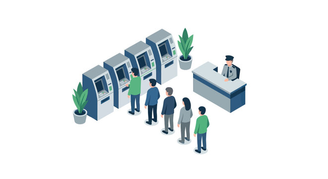Isometric illustration of people queuing for bank ATM machines