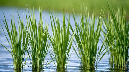 Fototapeta premium Close-up of vibrant green rice seedlings growing in flooded paddy field under natural light