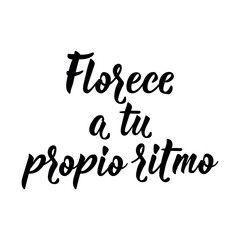Fototapeta premium Minimalist typography poster with elegant hand drawn brush lettering. It features the Spanish phrase: Florece a tu propio ritmo, which translates to Bloom at your own pace. Vector art.