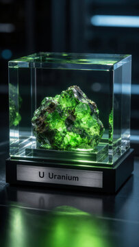 Uranium crystal on display in a glass case in a science museum showcasing minerals and elements