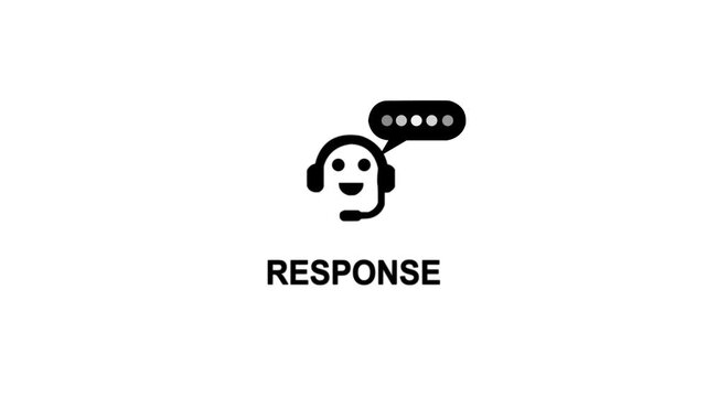 Icon of a Smiling Face with Headset and Microphone with a Chat Bubble Indicating Response and the Word Response