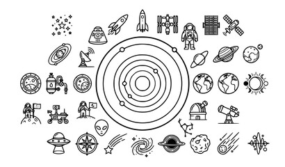 Modern Space Astronomy Outline Icons Set with Editable Stroke Linear Universe Symbols for Science Education Technology and Infographics © Md