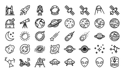 Editable Stroke Space Exploration and Astronomy Outline Icon Set with 30 Linear Universe Symbols Vector Illustration Collection © Md