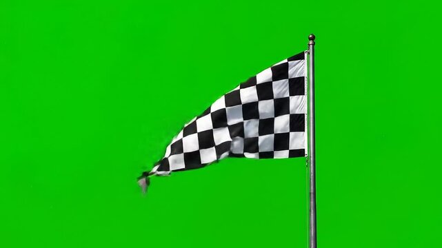 A checkered flag waves against a green background