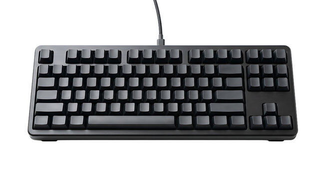 Black computer keyboard with a wired connection, isolated on a white background, showcasing office equipment and computer hardware accessories