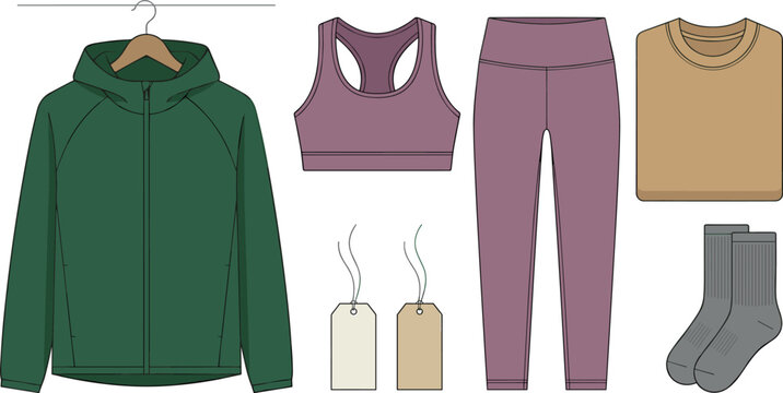 Women's Activewear Clothing Collection with Hoodie Sports Bra Leggings T Shirt Socks and Hang Tags Flat Apparel Vector Set