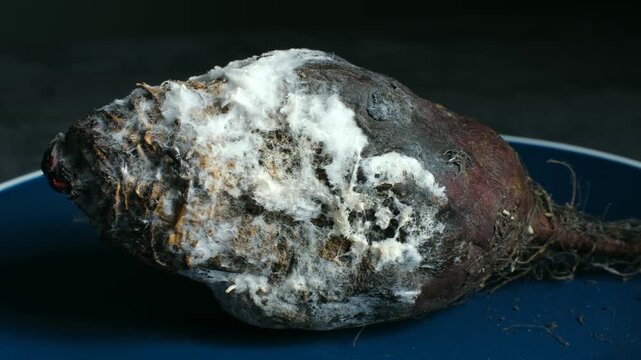 Rotten beetroot with white mold growing on surface, sitting on blue plate. Decomposing spoiled vegetable, natural decay process, inedible food. Rotten beetroot growing white mold on plate close up