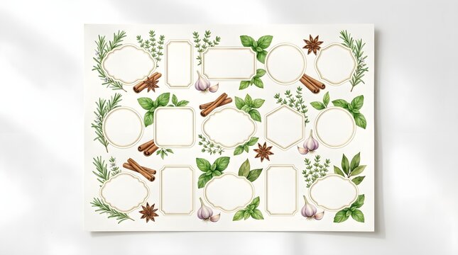 Pantry label stickers with watercolor herbs and spices illustration