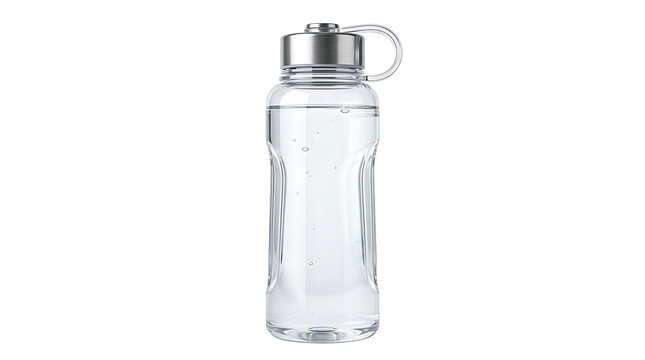 Clear plastic reusable water bottle with a silver metal lid and a transparent silicone loop handle filled with water on a white background