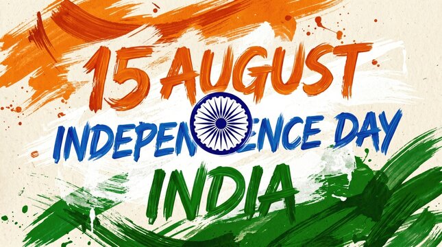 India Independence Day 15 August banner, tricolor brush strokes with Ashoka Chakra, patriotic Indian national holiday celebration background