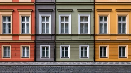 Fototapeta premium Colorful European Row Houses with White Windows and Cobblestone Street Facade