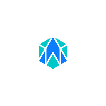 AW monogram logo in hexagon shape with blue and green color. AW logo