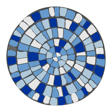  Ancient Circular Roman, Mediterranean, Greek Mosaic pattern.  Blue color palette with hand-painted stone circular geometric tiles, Radial arched opus tessellatum motif
