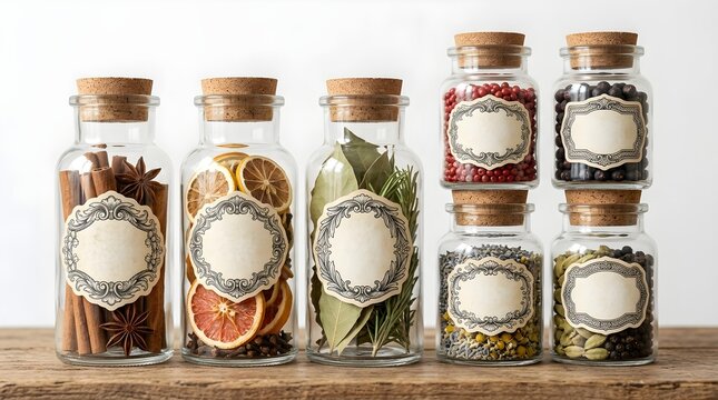 Pantry label stickers on glass spice jars with vintage ornaments