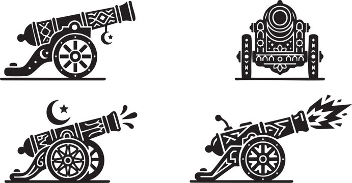 Set of four black decorative flat firing cannon icon symbols