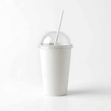 White paper cup with plastic lid and straw for cold drinks. fountain soda cup