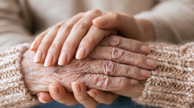 Close-up of wrinkled elderly hands gently held by younger hands, symbolizing care and connection