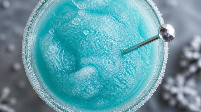 Refreshing blue frozen cocktail with sugared rim and winter decorations