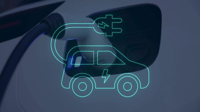 Close-up of an electric vehicle connected to a charging station, overlaid with a glowing blue digital neon car and plug icon. Represents green energy and EV tech.