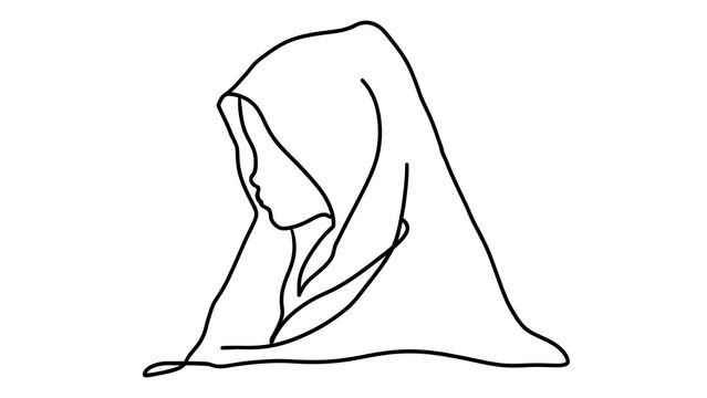 Minimalist line art woman in hijab white background.