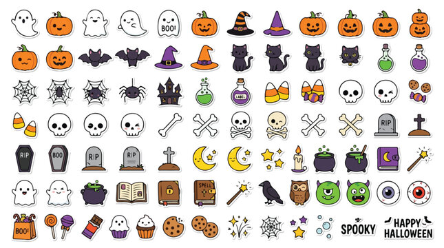 Kawaii Halloween icon set, cute spooky vector elements with pumpkins and ghosts, 88 colorful autumn holiday stickers for seasonal design projects