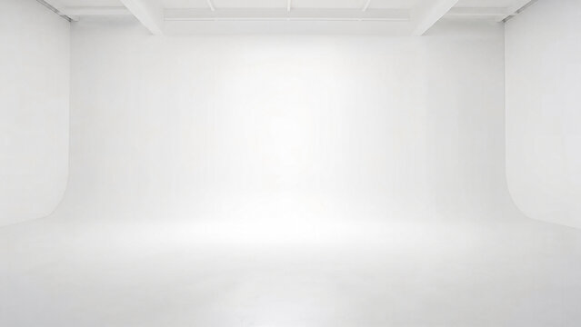 Minimalist white studio background with cyclorama wall, empty bright photography studio space, clean infinity curve backdrop for product placement
