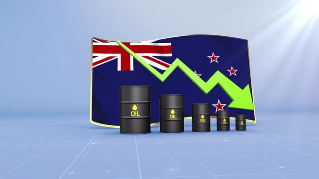 New Zealand Oil Price Falling with Oil Barrels Downward Green Arrow and 3D Financial Data Visualization Graphs for Economy and Business Concept