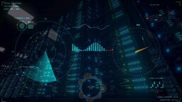 Futuristic blue HUD interface with radar, dials, and data metrics overlaying a dark, blinking server room. Represents network administration, data center monitoring, and cyber surveillance.