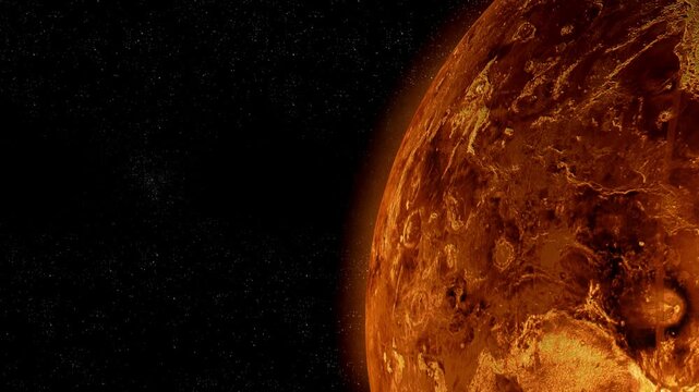 Venus terrain close view of the hot rocky exoplanet orbiting in dark outer space in 4K Ultra HD footage.
