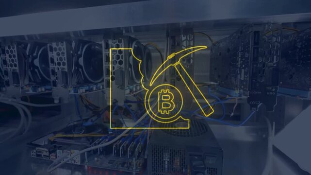 Cryptocurrency mining rig featuring multiple graphic cards with a glowing yellow Bitcoin logo and pickaxe overlay. Represents blockchain technology, digital currency mining, and crypto finance.