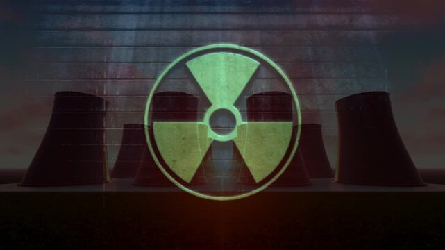 Dark silhouette of nuclear power plant cooling towers overlaid with a prominent glowing radiation hazard symbol. Depicts atomic energy, radioactive danger, and industrial power concepts.