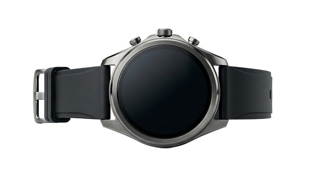 Round smartwatch with a black silicone strap and dark metallic finish, isolated on a white background, featuring side buttons and a dial