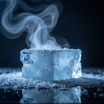 agged Dry Ice Block Sublimating on a Dark Reflective Surface