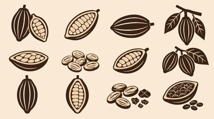 Fototapeta premium Cocoa Cacao Pods Beans Leaves Vector Illustration Set Pattern