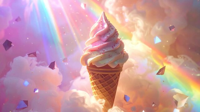 A whimsical ice cream cone floats amidst pastel clouds, with rainbows and gems
