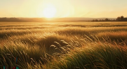 Obraz premium Golden Hour Sunset Over a Waving Wheat Field