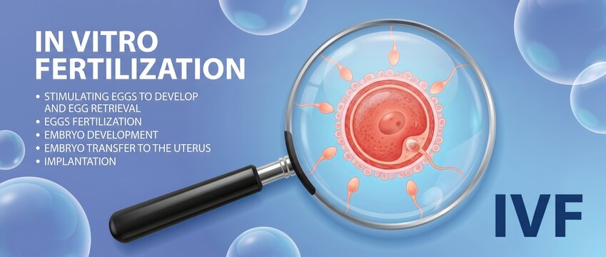 In vitro fertilization illustration showing magnified egg fertilization process with sperm and embryo development, educational infographic for fertility treatment awareness