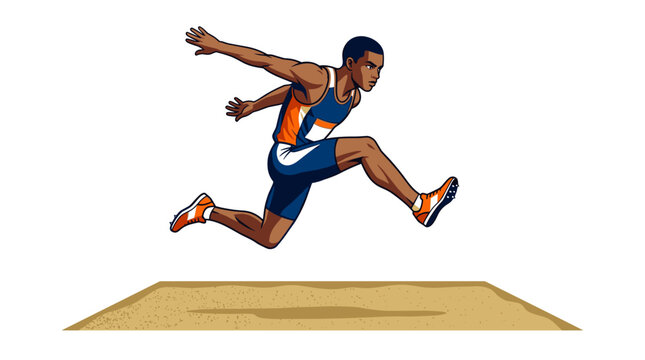 Track and field athlete performing long jump in comic style