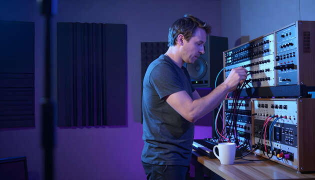 Wide shot of a highly focused music producer actively standing and adjusting complex patch cables on a massive modular analog synthesizer wall.