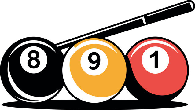 Billiard Balls and Cue Stick Vector Illustration Featuring Number 8, 9, and 1 Balls for Pool Room Tournament Concept