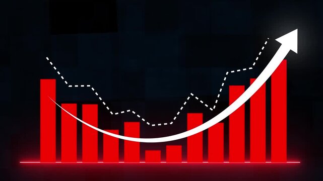 Business bar chart showing recovery with rising curved arrow after decline. Represents turnaround, revenue growth, financial improvement, market rebound, and positive performance trends. 4k video