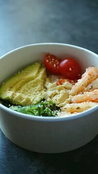 Delicious healthy poke bowl with fresh ingredients like shrimp, avocado, cherry tomatoes, chuka seaweed, cashew nuts, sesame seeds in white bowl on table. Healthy poke bowl with shrimp. Vertical video